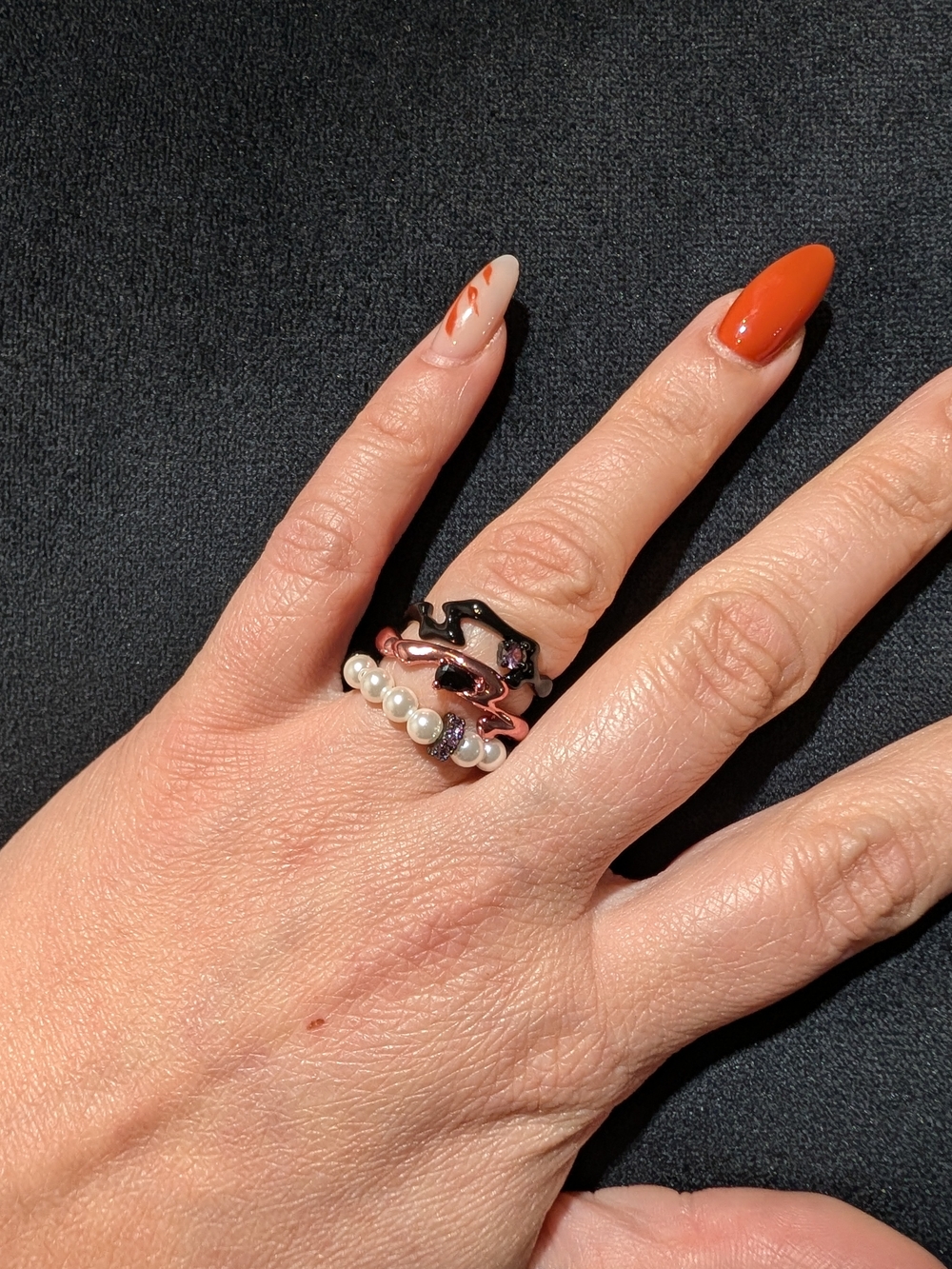 3pc Stackable Band Ring Set Black Pink Simulated Pearl Crystal Size 6.5